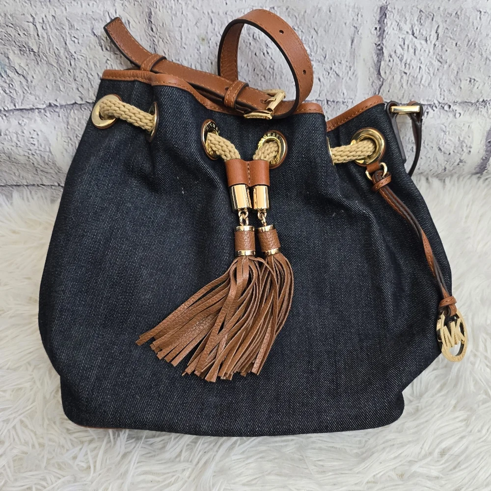 Michael Kors Blue Denim Designer Hobi Handbag With Brown Leather Tassels